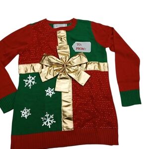 Derek Heart Red and Green Holiday Sweater with Gold Accents Size M New $19